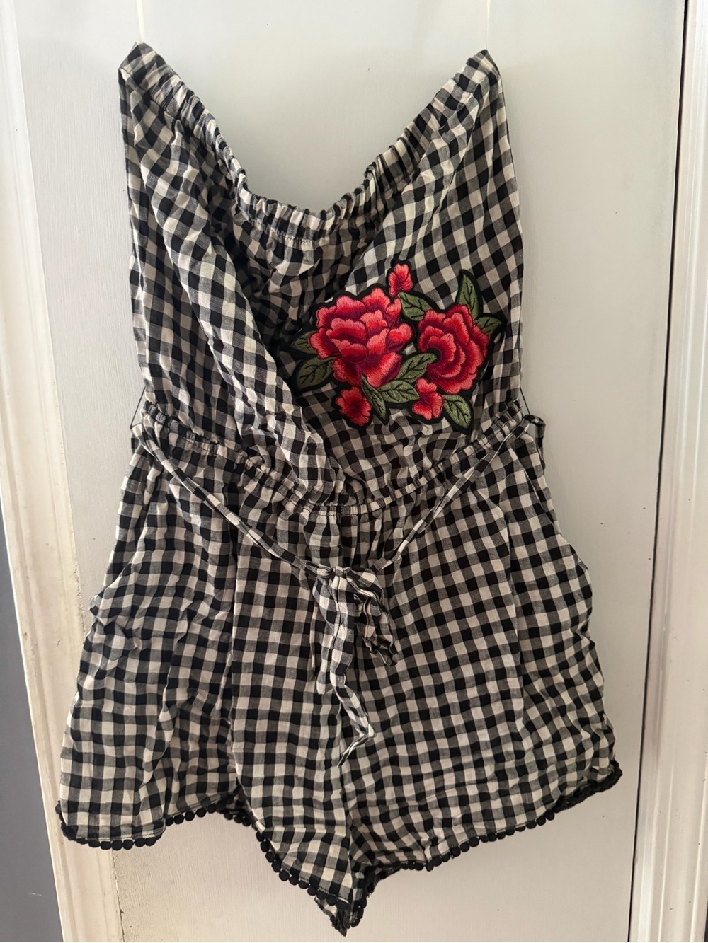 Black & White Gingham Romper with Red Floral Appliqué